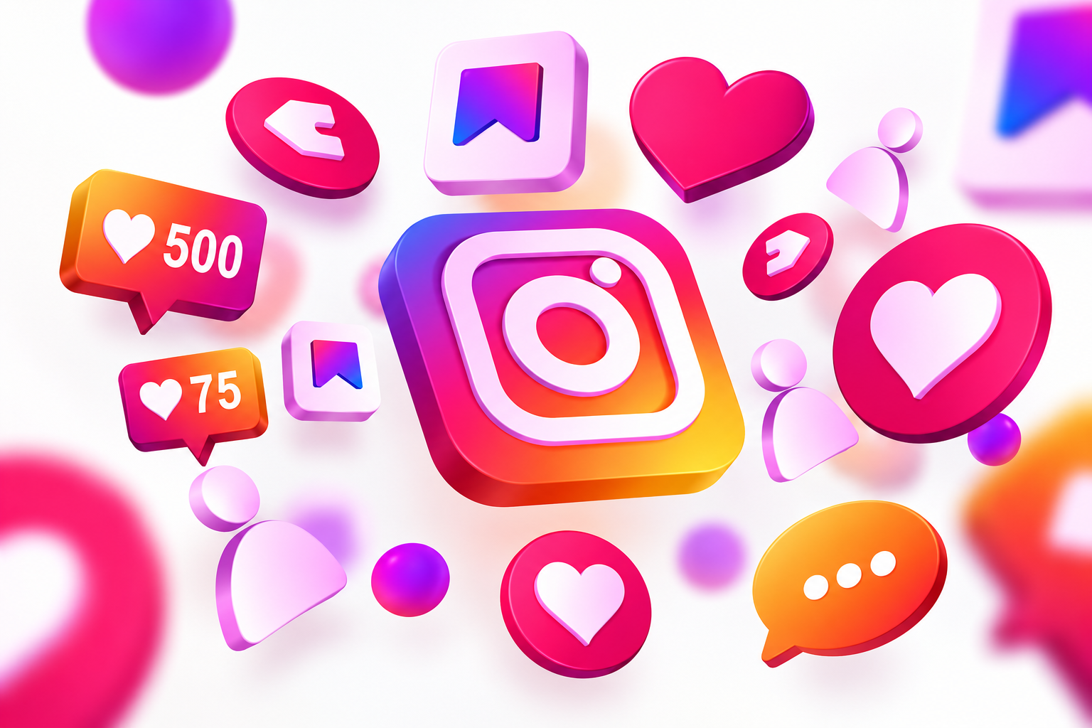 3D Instagram logo surrounded by colourful social media icons representing likes, comments, shares and engagement.